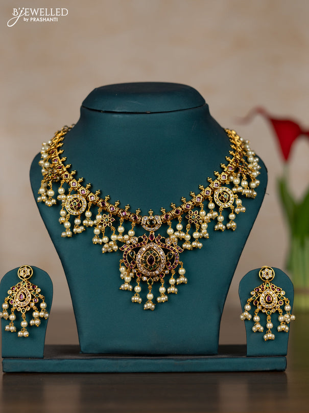 Antique guttapusalu necklace with kemp & cz stones and pearl hangings