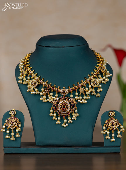 Antique guttapusalu necklace with pink kemp & cz stones and pearl hangings