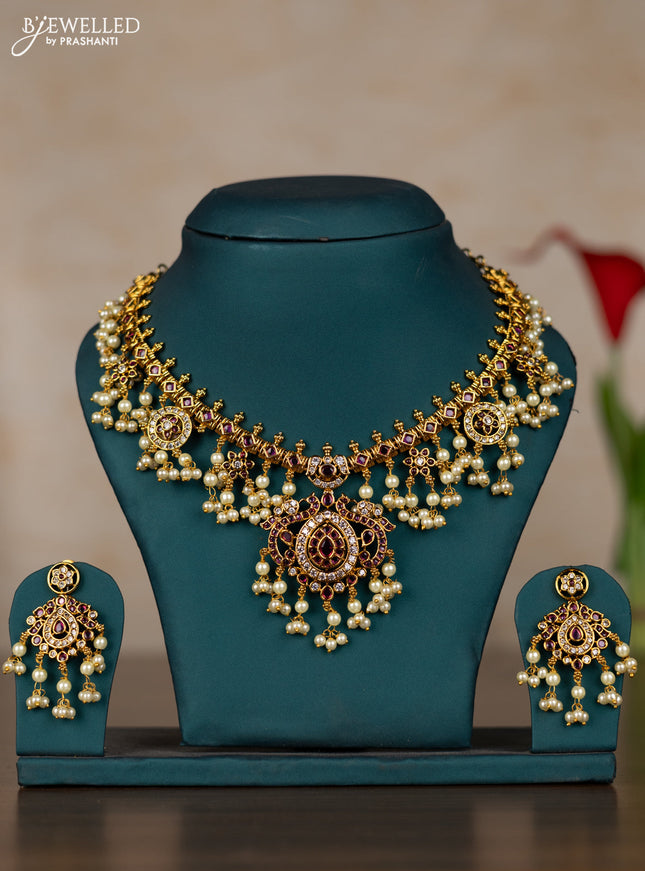 Antique guttapusalu necklace with pink kemp & cz stones and pearl hangings