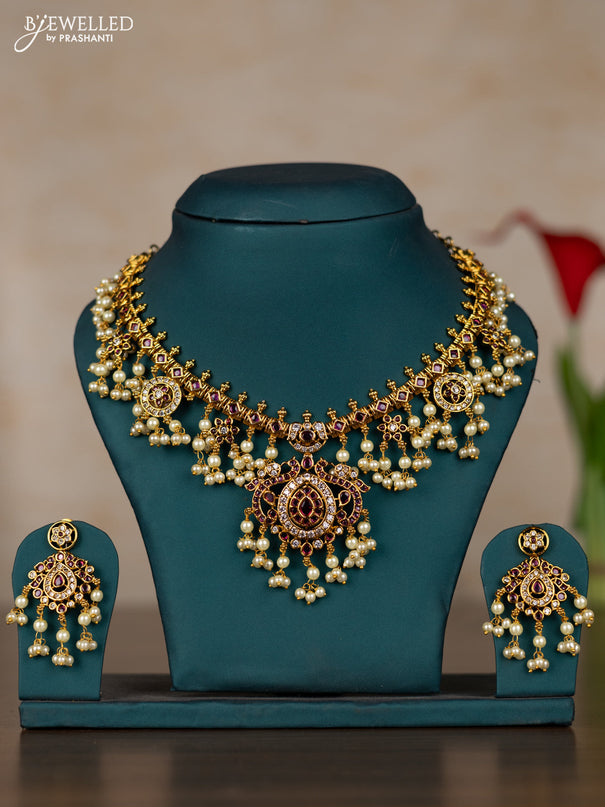 Antique guttapusalu necklace with pink kemp & cz stones and pearl hangings