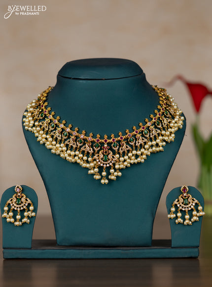 Antique guttapusalu necklace with kemp & cz stones and pearl hangings