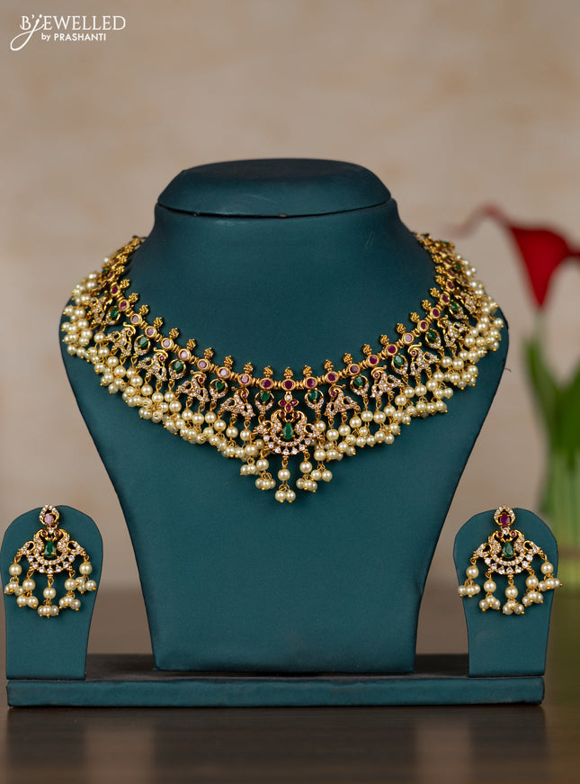 Antique guttapusalu necklace with kemp & cz stones and pearl hangings