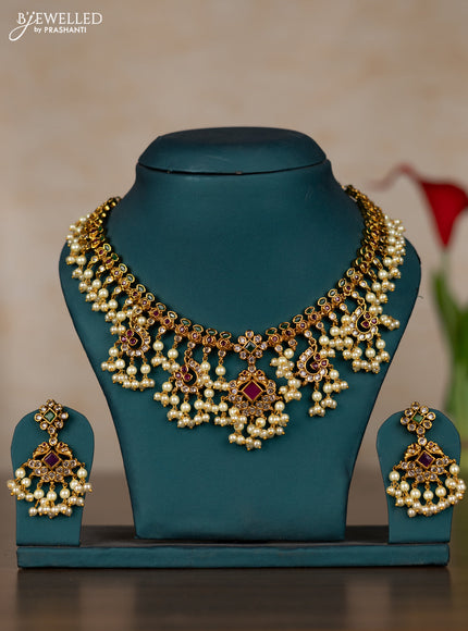 Antique guttapusalu necklace with kemp & cz stones and pearl hangings