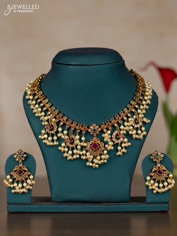 Antique guttapusalu necklace with kemp & cz stones and pearl hangings