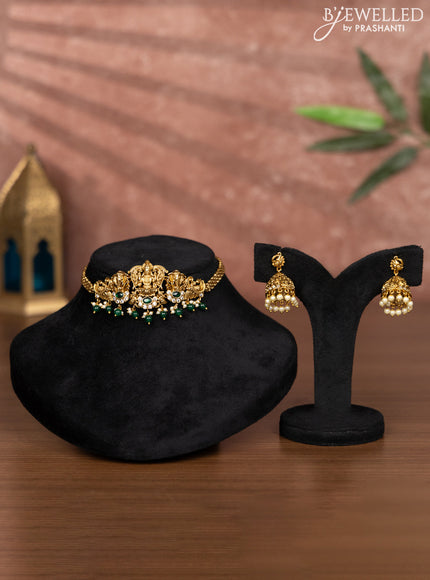 Antique choker lakshmi design with emerald & cz stones and green beads hangings