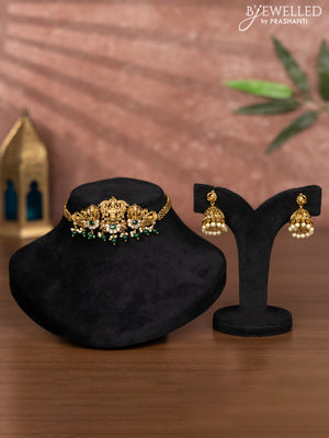 Antique choker lakshmi design with emerald & cz stones and green beads hangings