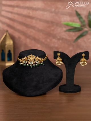 Antique choker lakshmi design with emerald & cz stones and green beads hangings