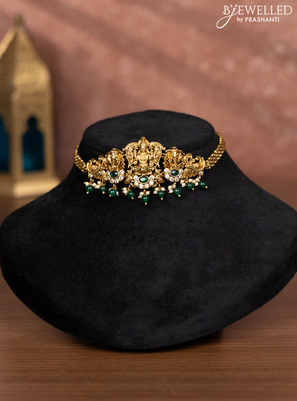 Antique choker lakshmi design with emerald & cz stones and green beads hangings