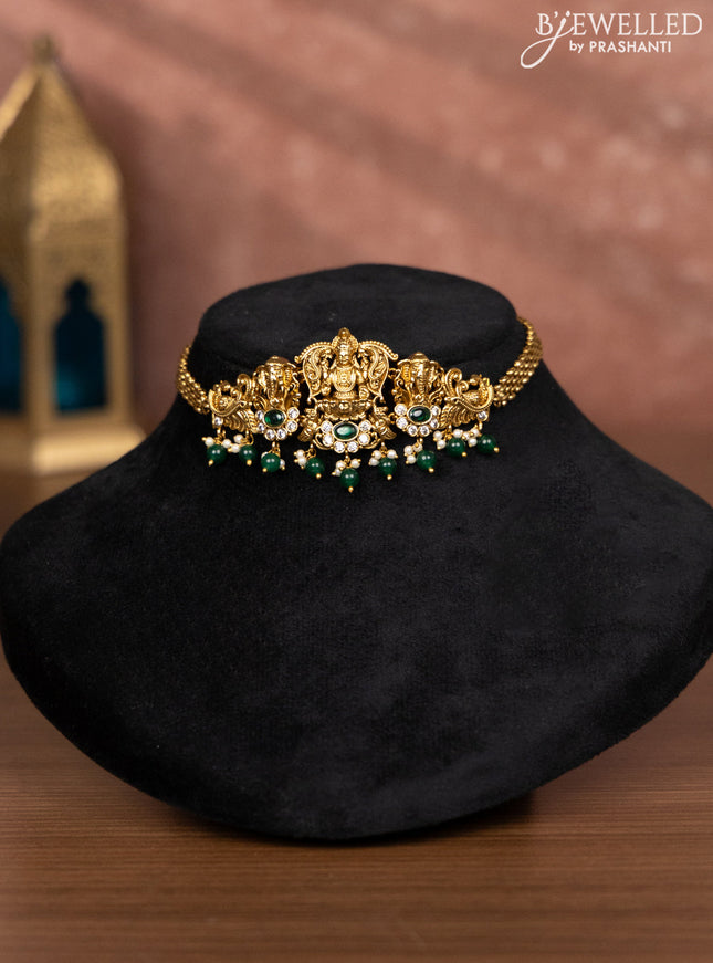 Antique choker lakshmi design with emerald & cz stones and green beads hangings