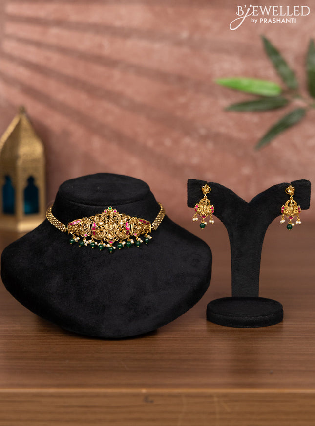 Antique choker krishna design with kemp jadau & kundan stones and green beads hangings