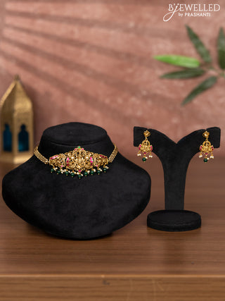Antique choker krishna design with kemp jadau & kundan stones and green beads hangings