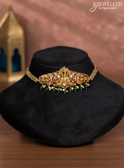 Antique choker krishna design with kemp jadau & kundan stones and green beads hangings