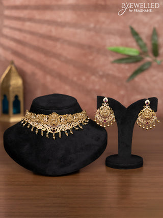 Antique choker lakshmi design with emerald & cz stones and golden beads hangings