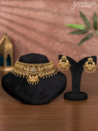 Antique choker lakshmi design with kemp & cz stones and golden beads hangings