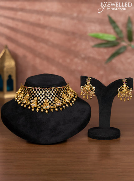 Antique choker lakshmi design with kemp & cz stones and golden beads hangings