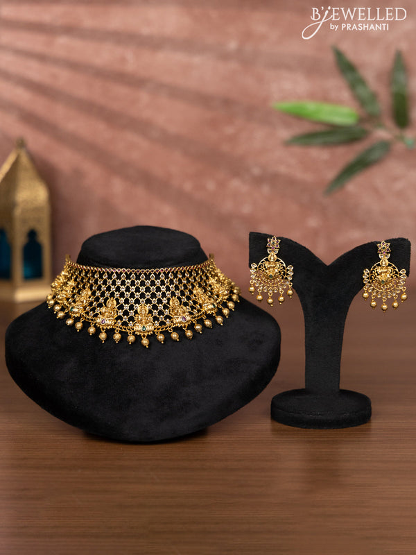 Antique choker lakshmi design with kemp & cz stones and golden beads hangings