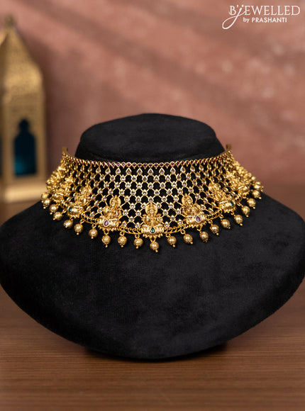 Antique choker lakshmi design with kemp & cz stones and golden beads hangings