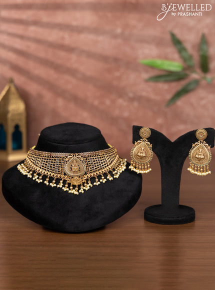 Antique choker lakshmi design with kemp stones and pearl hangings