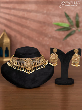 Antique choker lakshmi design with kemp stones and pearl hangings