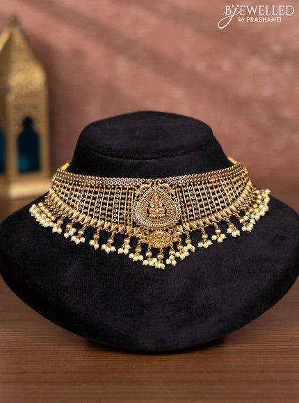 Antique choker lakshmi design with kemp stones and pearl hangings