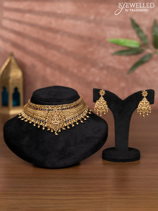 Antique choker lakshmi design with kemp stones and golden beads hangings