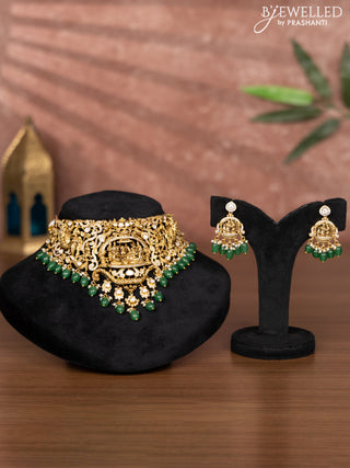 Antique choker lakshmi design with kundan & cz stones and mint green beads hangings
