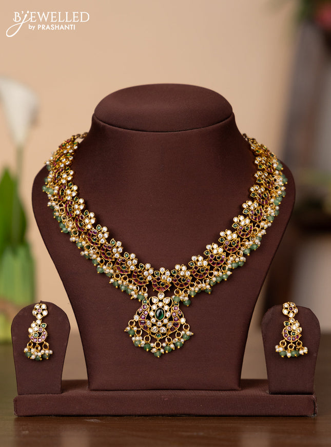 Antique necklace with kemp & cz stones and pearl & mint green beads hangings