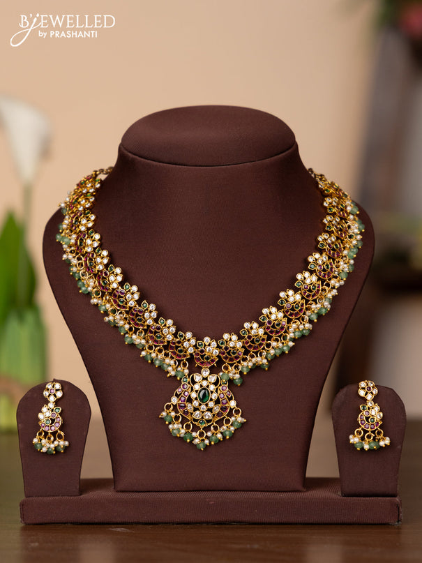 Antique necklace with kemp & cz stones and pearl & mint green beads hangings