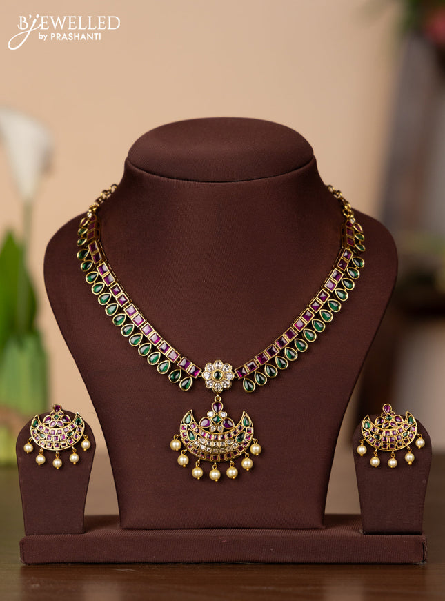 Antique necklace with kemp & kundan stones and pearl hangings