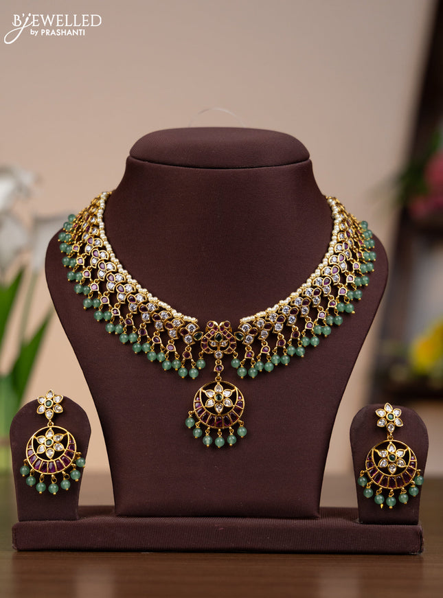 Antique necklace with kemp & kundan stones and mint green beads hangings