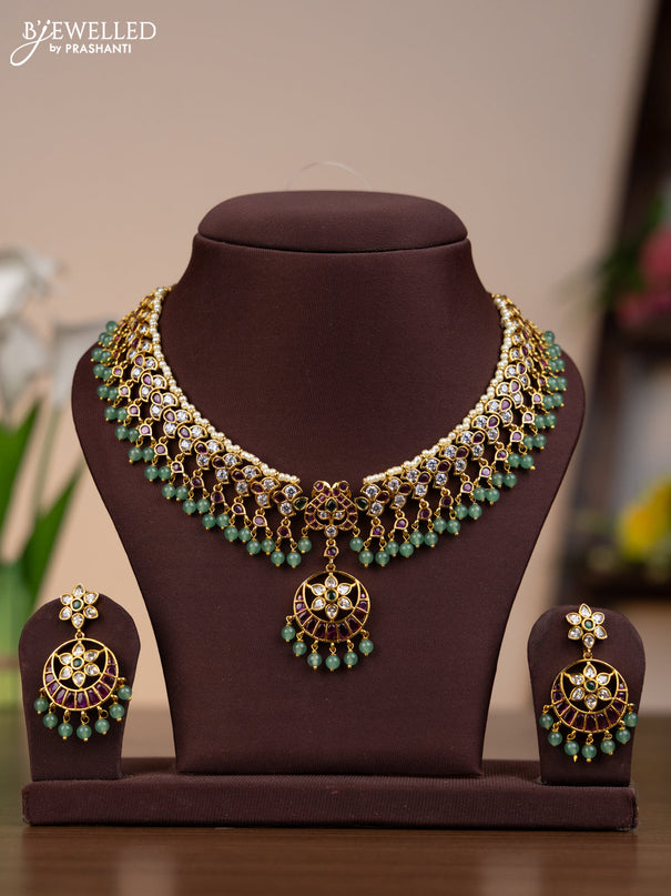 Antique necklace with kemp & kundan stones and mint green beads hangings