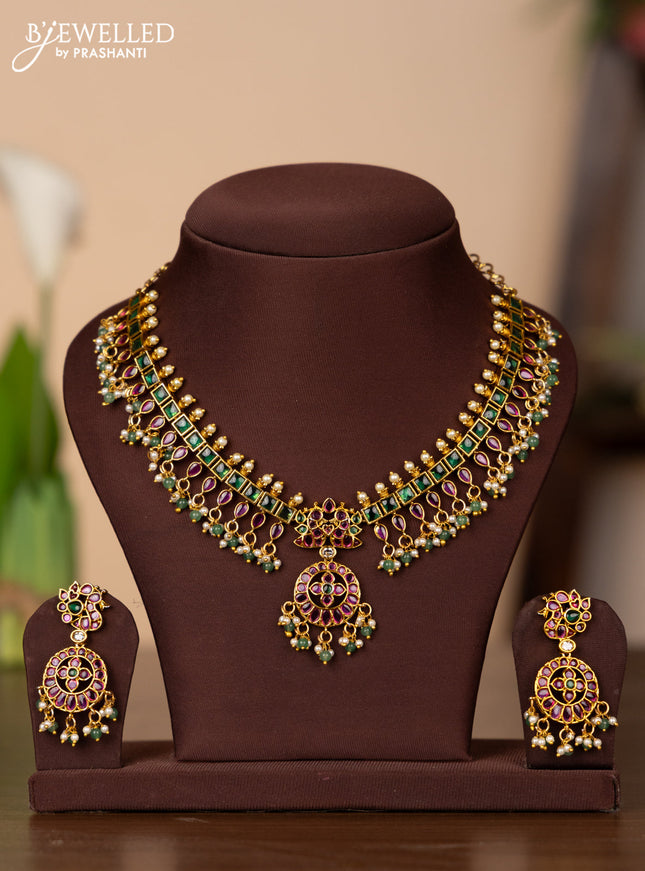 Antique necklace with kemp stones and pearl & mint green beads hangings