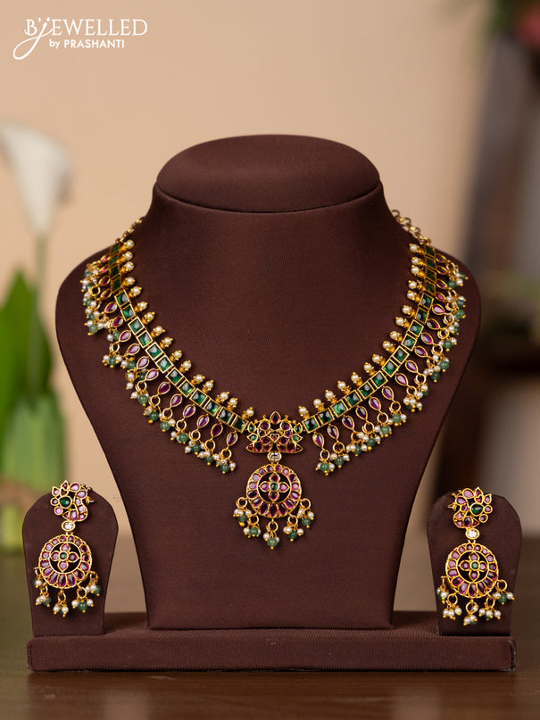 Antique necklace with kemp stones and pearl & mint green beads hangings