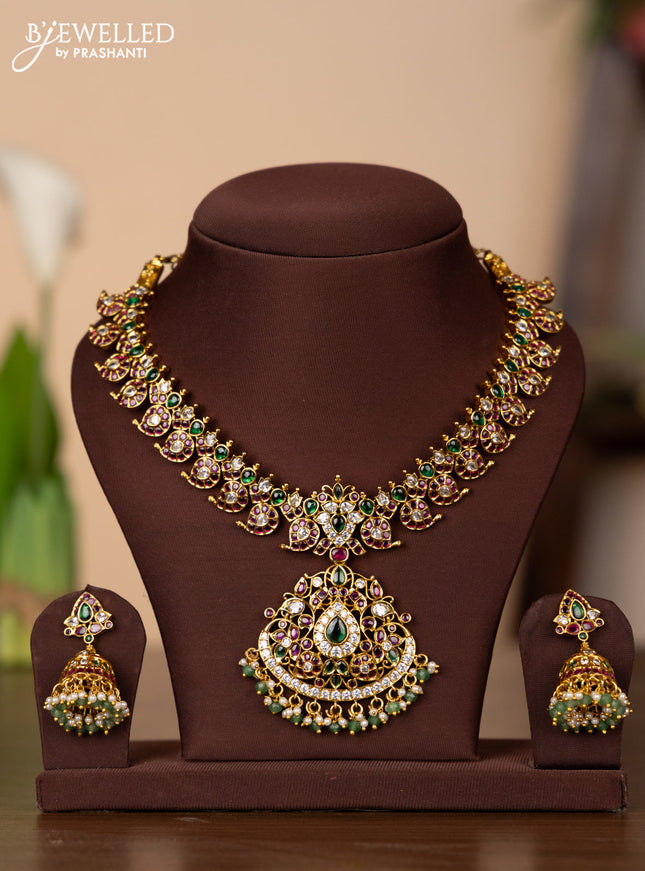 Antique necklace manga pattern with kemp & kundan stones and pearl & mint green beads hangings