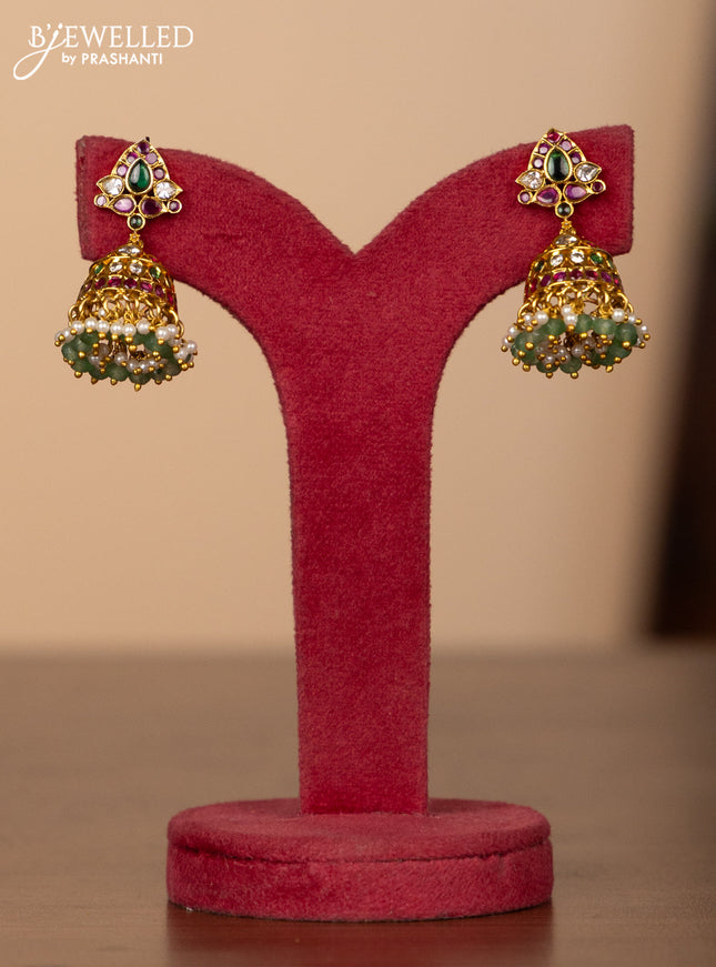 Antique necklace manga pattern with kemp & kundan stones and pearl & mint green beads hangings