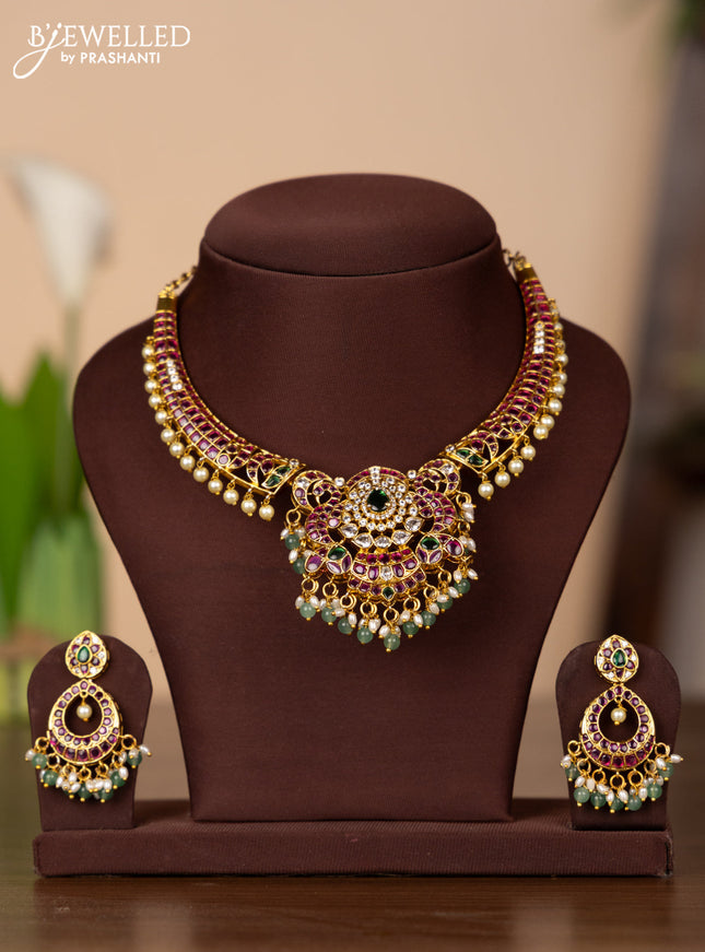 Antique necklace with kemp & cz stones and pearl & mint green beads hangings