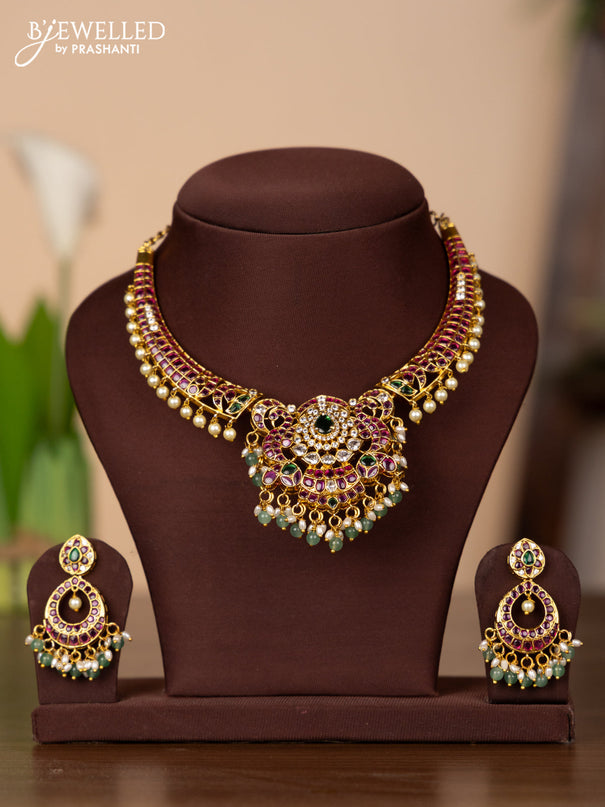Antique necklace with kemp & cz stones and pearl & mint green beads hangings