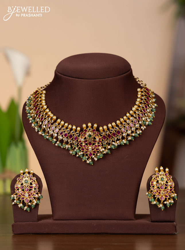 Antique necklace with kemp & kundan stones and pearl & mint green beads hangings