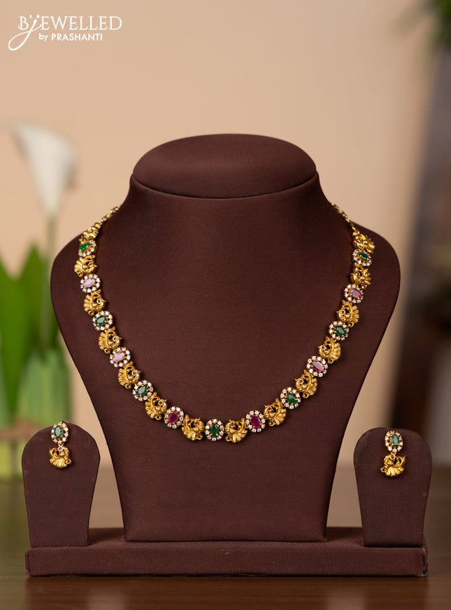 Antique necklace peacock design with kemp and cz stones
