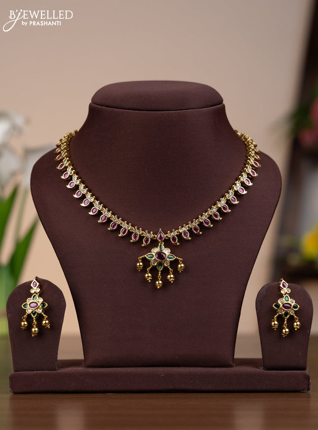 Antique necklace manga pattern with kemp & cz stones and golden beads hangings