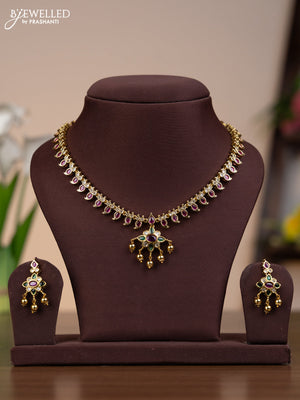 Antique necklace manga pattern with kemp & cz stones and golden beads hangings
