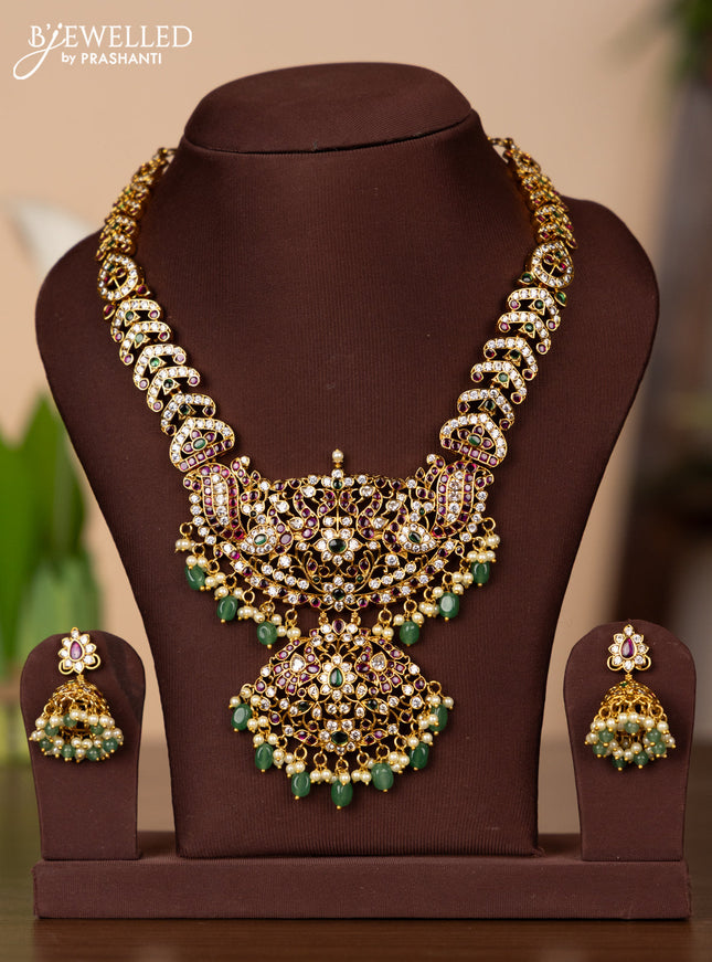 Antique necklace with kemp & cz stones and pearl & mint green beads hangings