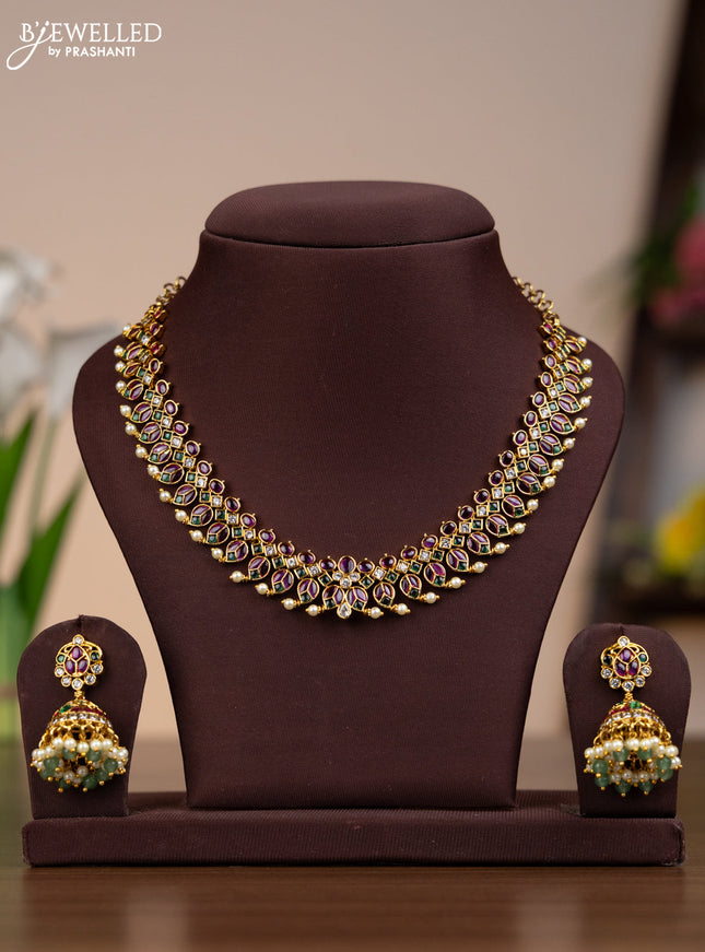 Antique necklace manga pattern with kemp & cz stones and pearls