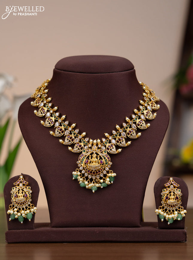 Antique necklace manga pattern with kemp & cz stones and pearl & mint green beads hangings