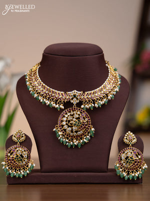 Antique necklace with kemp & cz stones and pearl & mint green beads hangings