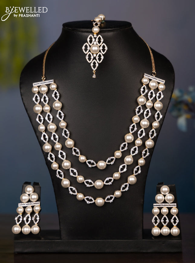 Zircon necklace triple layer with cz stone and matching maang tikka with this