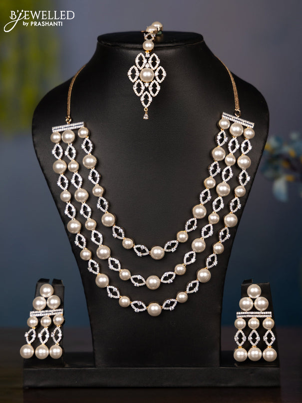 Zircon necklace triple layer with cz stone and matching maang tikka with this
