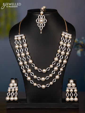 Zircon necklace triple layer with cz stone and matching maang tikka with this