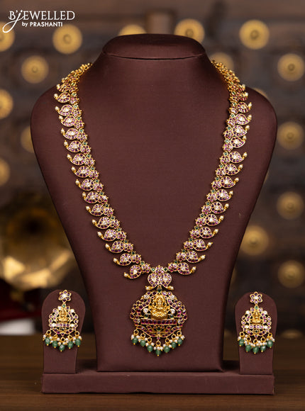 Antique haaram with lakshmi pendant in multicolor kemp and green beads hanging