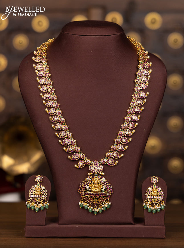 Antique haaram with lakshmi pendant in multicolor kemp and green beads hanging